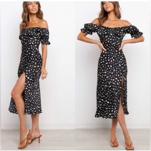 PETAL & PUP Off the Shoulder Black Midi Dress